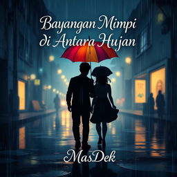 An enchanting animated novel cover design for 'Bayangan Mimpi Di Antara Hujan', featuring a silhouette of a man and woman walking under a colorful umbrella in the rain