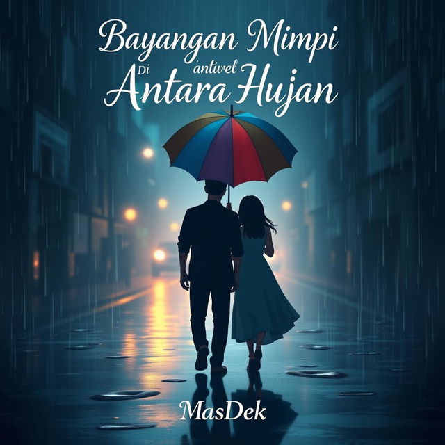 An enchanting animated novel cover design for 'Bayangan Mimpi Di Antara Hujan', featuring a silhouette of a man and woman walking under a colorful umbrella in the rain