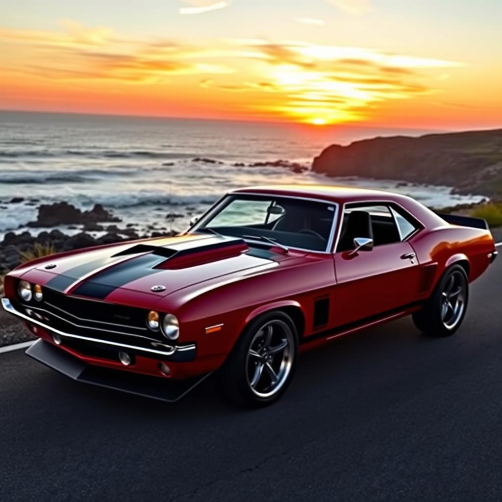 A stunning muscle car parked on a scenic coastal road during sunset