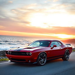 A stunning muscle car parked on a scenic coastal road during sunset