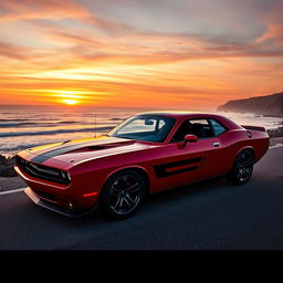 A stunning muscle car parked on a scenic coastal road during sunset