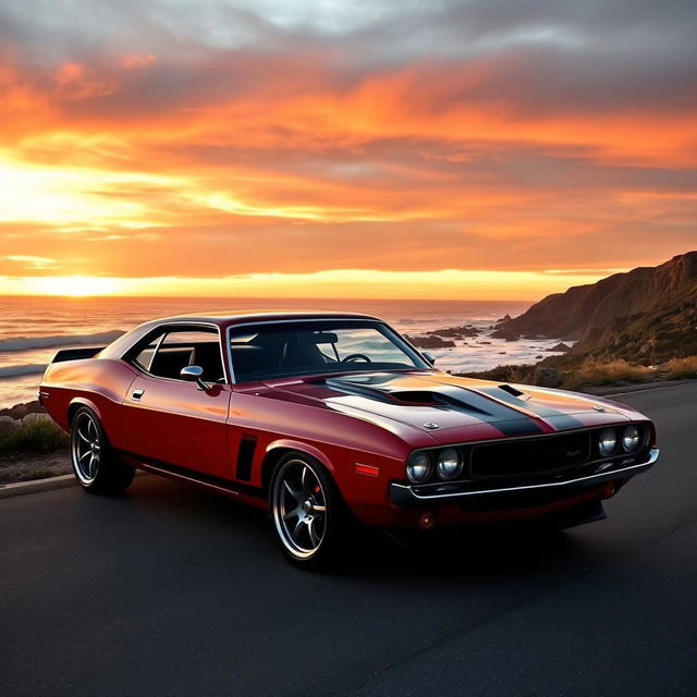 A stunning muscle car parked on a scenic coastal road during sunset