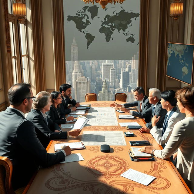 A captivating scene depicting a high-stakes negotiation taking place in a grand conference room