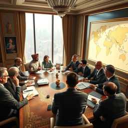 A captivating scene depicting a high-stakes negotiation taking place in a grand conference room