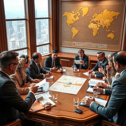 A captivating scene depicting a high-stakes negotiation taking place in a grand conference room