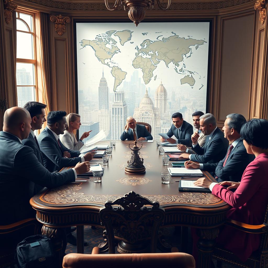 A captivating scene depicting a high-stakes negotiation taking place in a grand conference room