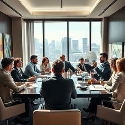 A vibrant scene capturing the essence of negotiations in a sophisticated boardroom