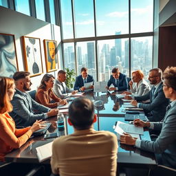 A vibrant scene capturing the essence of negotiations in a sophisticated boardroom