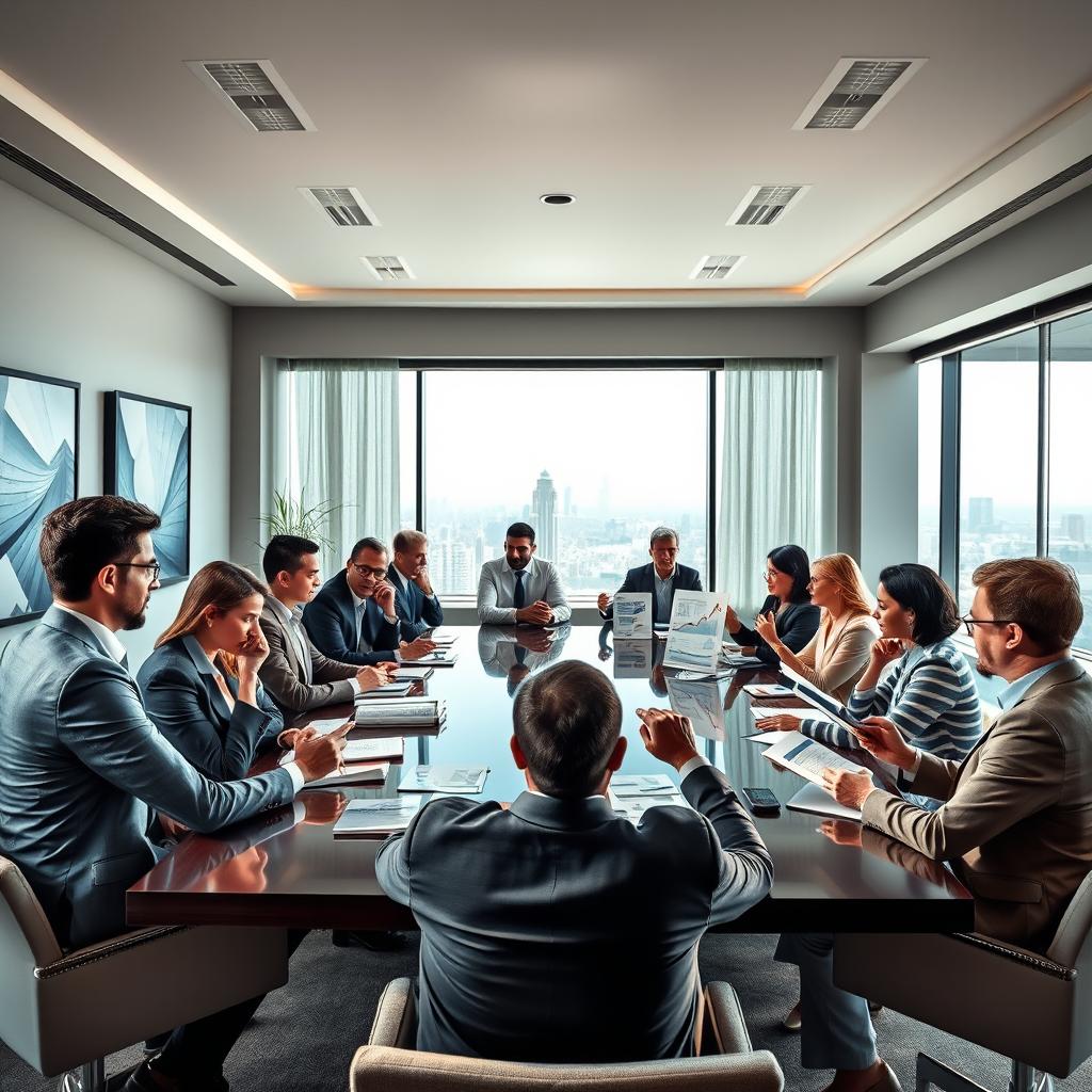 A vibrant scene capturing the essence of negotiations in a sophisticated boardroom