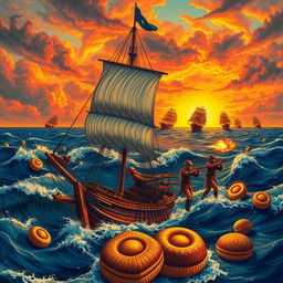 An artistic representation of the Pastry War, depicting a dramatic scene of 19th-century French and Mexican naval forces clashing at sea