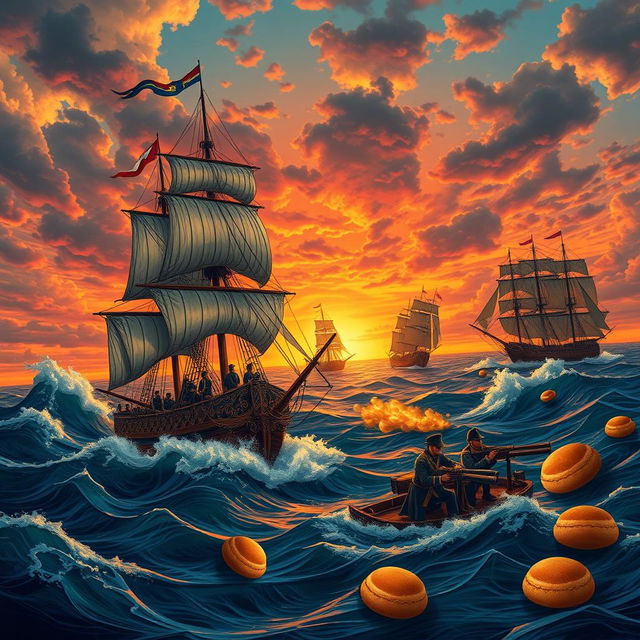 An artistic representation of the Pastry War, depicting a dramatic scene of 19th-century French and Mexican naval forces clashing at sea