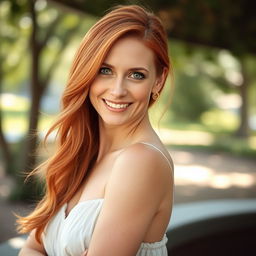 A striking portrait of a redhead woman in her forties, featuring vibrant red hair flowing gracefully down her shoulders