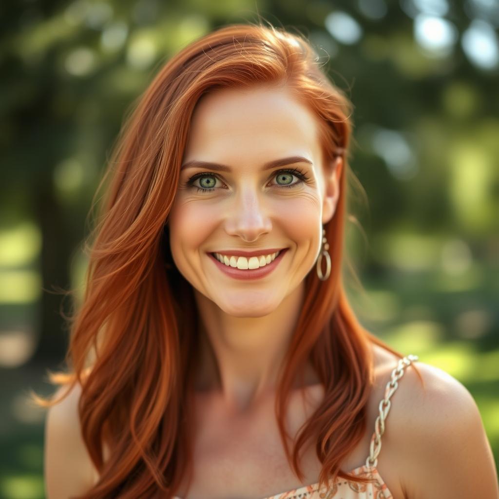 A striking portrait of a redhead woman in her forties, featuring vibrant red hair flowing gracefully down her shoulders