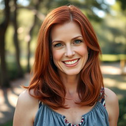 A striking portrait of a redhead woman in her forties, featuring vibrant red hair flowing gracefully down her shoulders