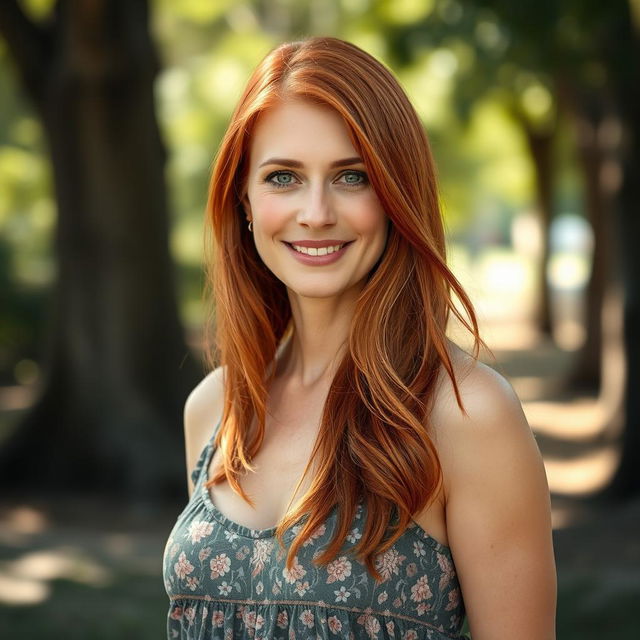 A striking portrait of a redhead woman in her forties, featuring vibrant red hair flowing gracefully down her shoulders