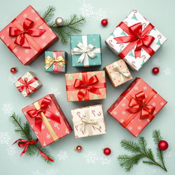 A visually appealing top-down view of beautifully wrapped Christmas gifts arranged on a festive background