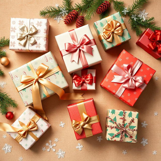 A visually appealing top-down view of beautifully wrapped Christmas gifts arranged on a festive background