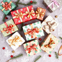 A visually appealing top-down view of beautifully wrapped Christmas gifts arranged on a festive background