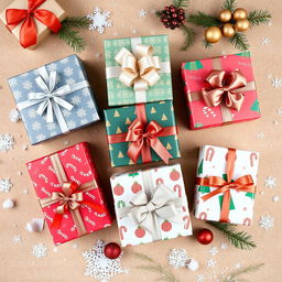 A visually appealing top-down view of beautifully wrapped Christmas gifts arranged on a festive background