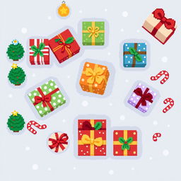 A top-down view of Christmas gifts designed in a charming 2D pixel art style, featuring a variety of pixelated gift boxes in different sizes and colors