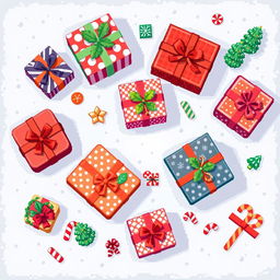 A top-down view of Christmas gifts designed in a charming 2D pixel art style, featuring a variety of pixelated gift boxes in different sizes and colors