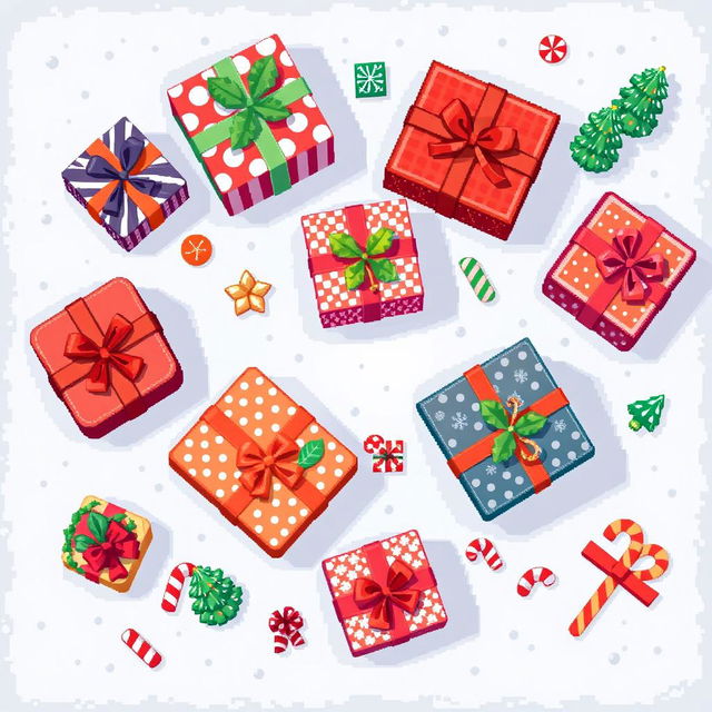 A top-down view of Christmas gifts designed in a charming 2D pixel art style, featuring a variety of pixelated gift boxes in different sizes and colors