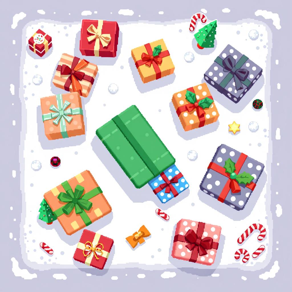 A top-down view of Christmas gifts designed in a charming 2D pixel art style, featuring a variety of pixelated gift boxes in different sizes and colors