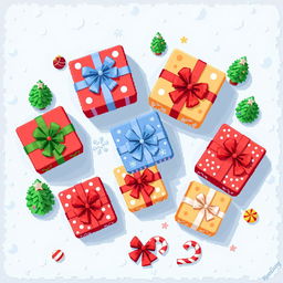 A top-down view of Christmas gifts designed in a charming 2D pixel art style, featuring a variety of pixelated gift boxes in different sizes and colors