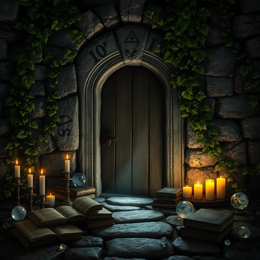 An enigmatic door set in an ancient stone wall, overgrown with lush vines and mysterious symbols etched into the surface