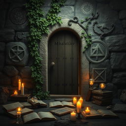 An enigmatic door set in an ancient stone wall, overgrown with lush vines and mysterious symbols etched into the surface