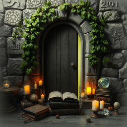 An enigmatic door set in an ancient stone wall, overgrown with lush vines and mysterious symbols etched into the surface