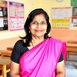 A South Indian school teacher in a vibrant pink saree paired with a black blouse