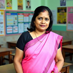 A South Indian school teacher in a vibrant pink saree paired with a black blouse