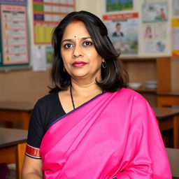 A South Indian school teacher in a vibrant pink saree paired with a black blouse