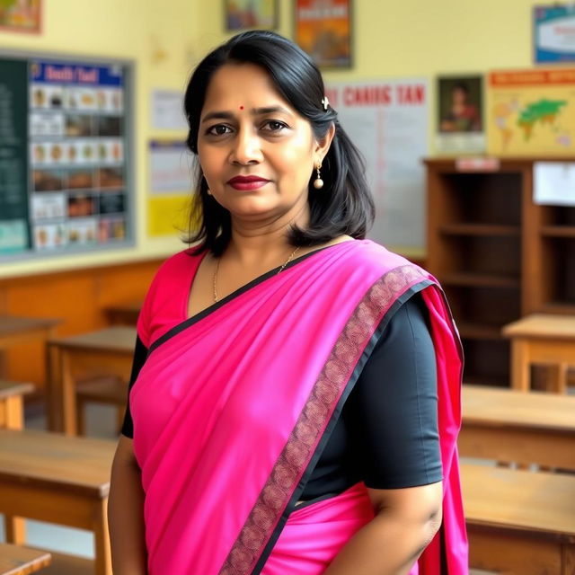 A South Indian school teacher in a vibrant pink saree paired with a black blouse