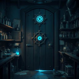 An enigmatic laboratory door made of dark, aged wood, adorned with intricate mechanical gears and glowing symbols