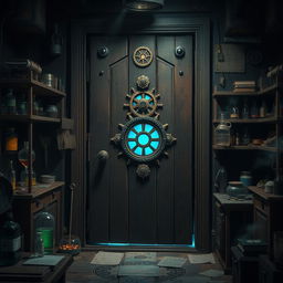 An enigmatic laboratory door made of dark, aged wood, adorned with intricate mechanical gears and glowing symbols