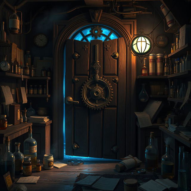 An enigmatic laboratory door made of dark, aged wood, adorned with intricate mechanical gears and glowing symbols