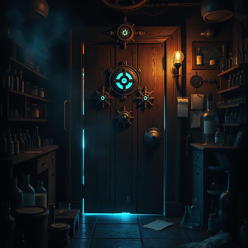 An enigmatic laboratory door made of dark, aged wood, adorned with intricate mechanical gears and glowing symbols