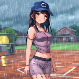 A stunning futanari character illustrated in HD anime art style, wearing a skin-tight, see-through baseball uniform