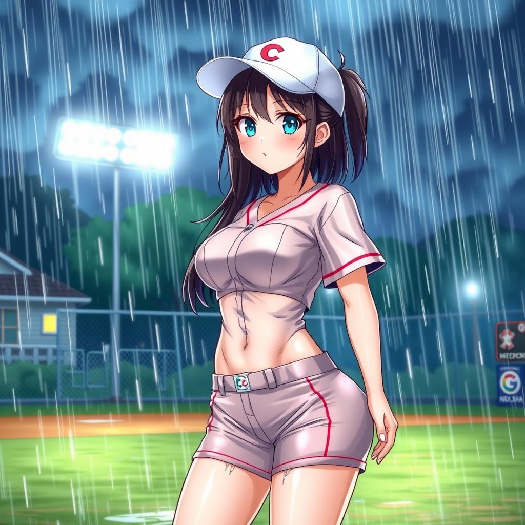 A stunning futanari character illustrated in HD anime art style, wearing a skin-tight, see-through baseball uniform