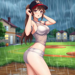 A stunning futanari character illustrated in HD anime art style, wearing a skin-tight, see-through baseball uniform