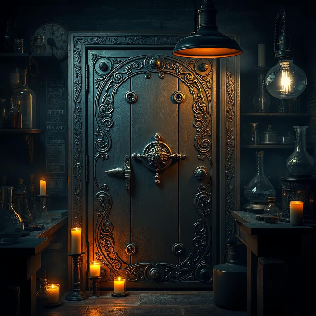 An enigmatic laboratory door crafted from aged metal with ornate engravings, set against a backdrop of a dimly lit laboratory filled with peculiar scientific instruments and bubbling glass beakers