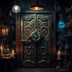 An enigmatic laboratory door crafted from aged metal with ornate engravings, set against a backdrop of a dimly lit laboratory filled with peculiar scientific instruments and bubbling glass beakers