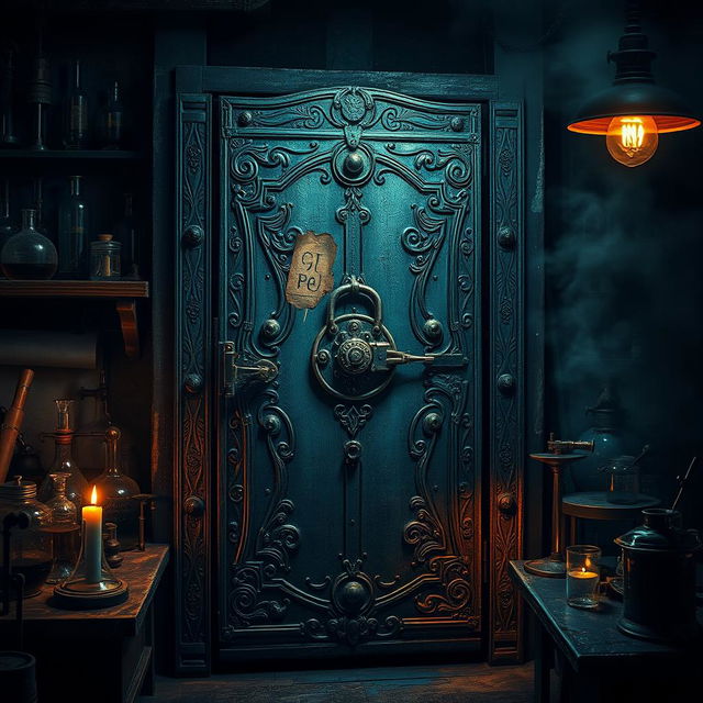 An enigmatic laboratory door crafted from aged metal with ornate engravings, set against a backdrop of a dimly lit laboratory filled with peculiar scientific instruments and bubbling glass beakers