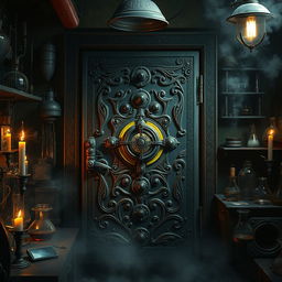 An enigmatic laboratory door crafted from aged metal with ornate engravings, set against a backdrop of a dimly lit laboratory filled with peculiar scientific instruments and bubbling glass beakers