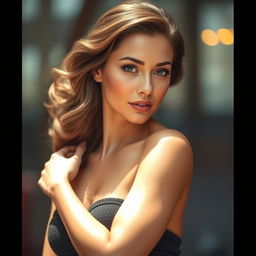 A beautiful woman with stunning features and a confident pose, set against a soft, blurred background