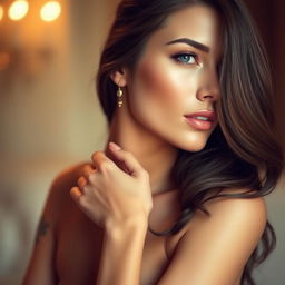 A beautiful woman with stunning features and a confident pose, set against a soft, blurred background
