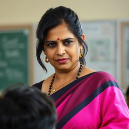 A hyper-realistic portrait of a South Indian school teacher, around 35 years old, wearing a vibrant pink saree with a contrasting black blouse