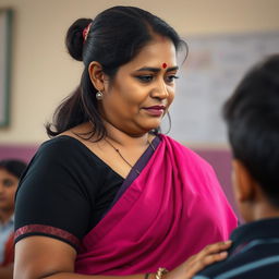 A hyper-realistic portrait of a South Indian school teacher, around 35 years old, wearing a vibrant pink saree with a contrasting black blouse